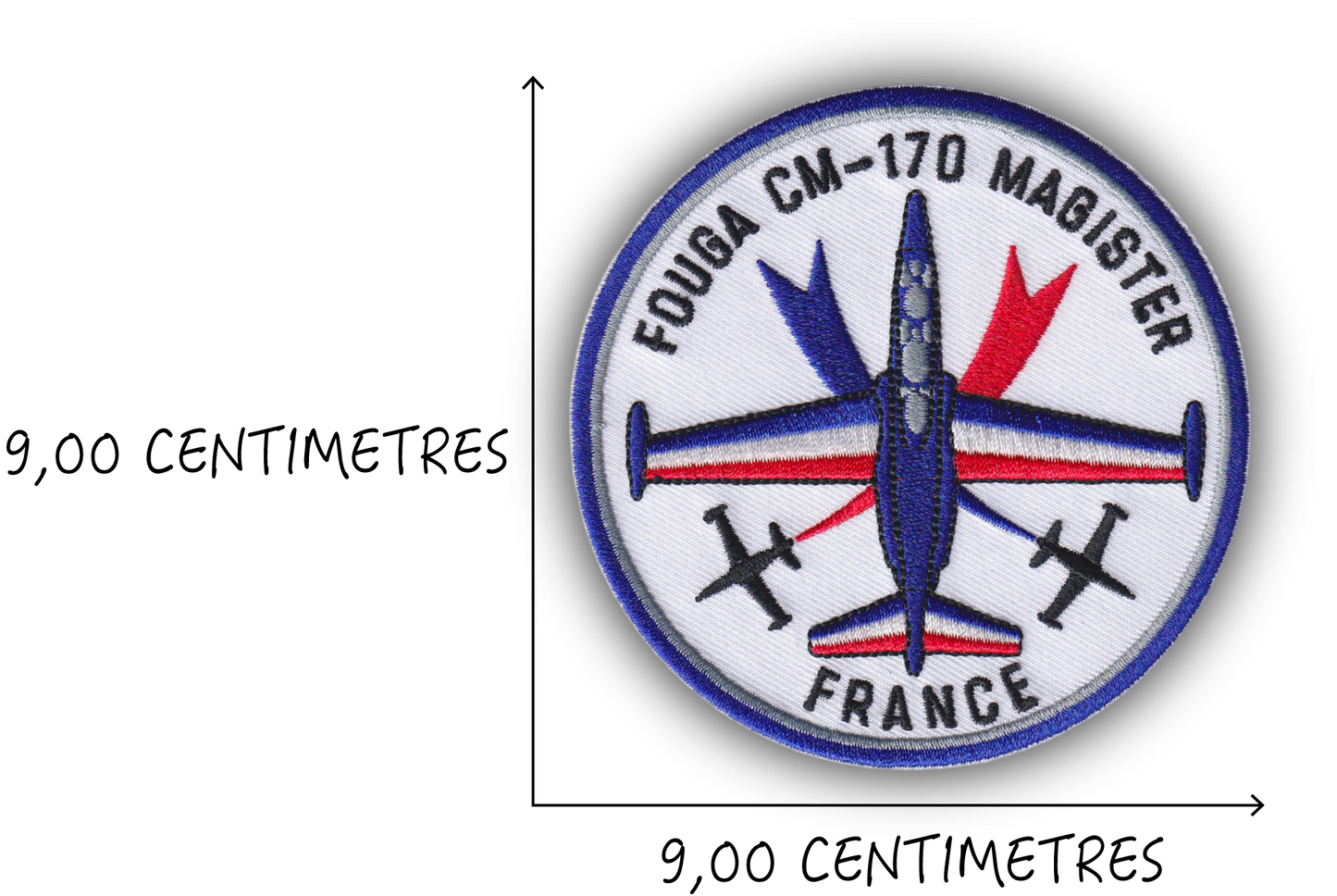 MAXIMUMPATCHES - Diamètre 9 cm - Ecusson Patch Brodé Avec Scratch Cousu Au Dos + Carré Scratch A Coudre, Face Opposé Offerte, Avion Aviation Dassault Mirage Rafale Armée de l'air Mystère 4 IV Fouga Magister Patrouille De France