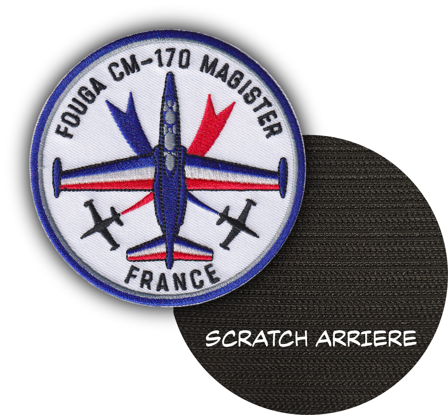 MAXIMUMPATCHES - Diamètre 9 cm - Ecusson Patch Brodé Avec Scratch Cousu Au Dos + Carré Scratch A Coudre, Face Opposé Offerte, Avion Aviation Dassault Mirage Rafale Armée de l'air Mystère 4 IV Fouga Magister Patrouille De France