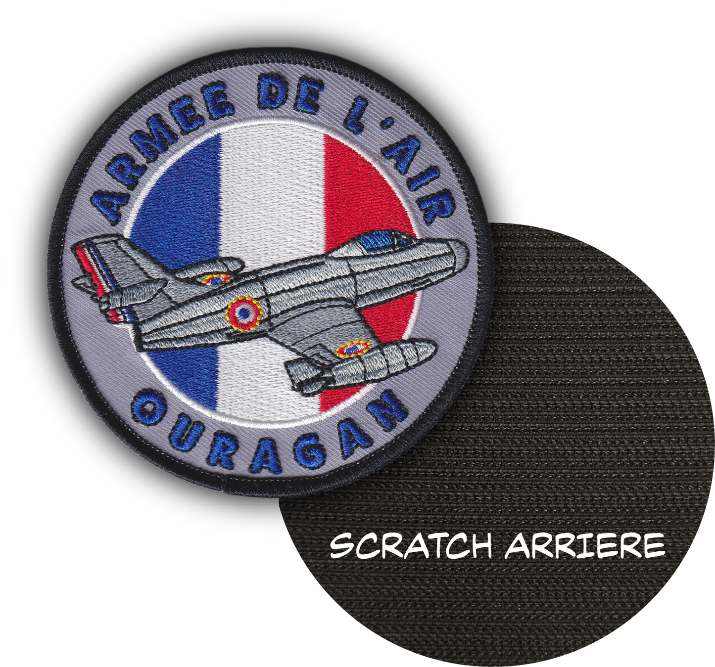 MAXIMUMPATCHES - Diamètre 9 cm - Ecusson Patch Brodé Avec Scratch Cousu Au Dos + Carré Scratch A Coudre, Face Opposé Offerte, Avion Aviation Dassault Mirage Rafale Armée de l'air Ouragan France
