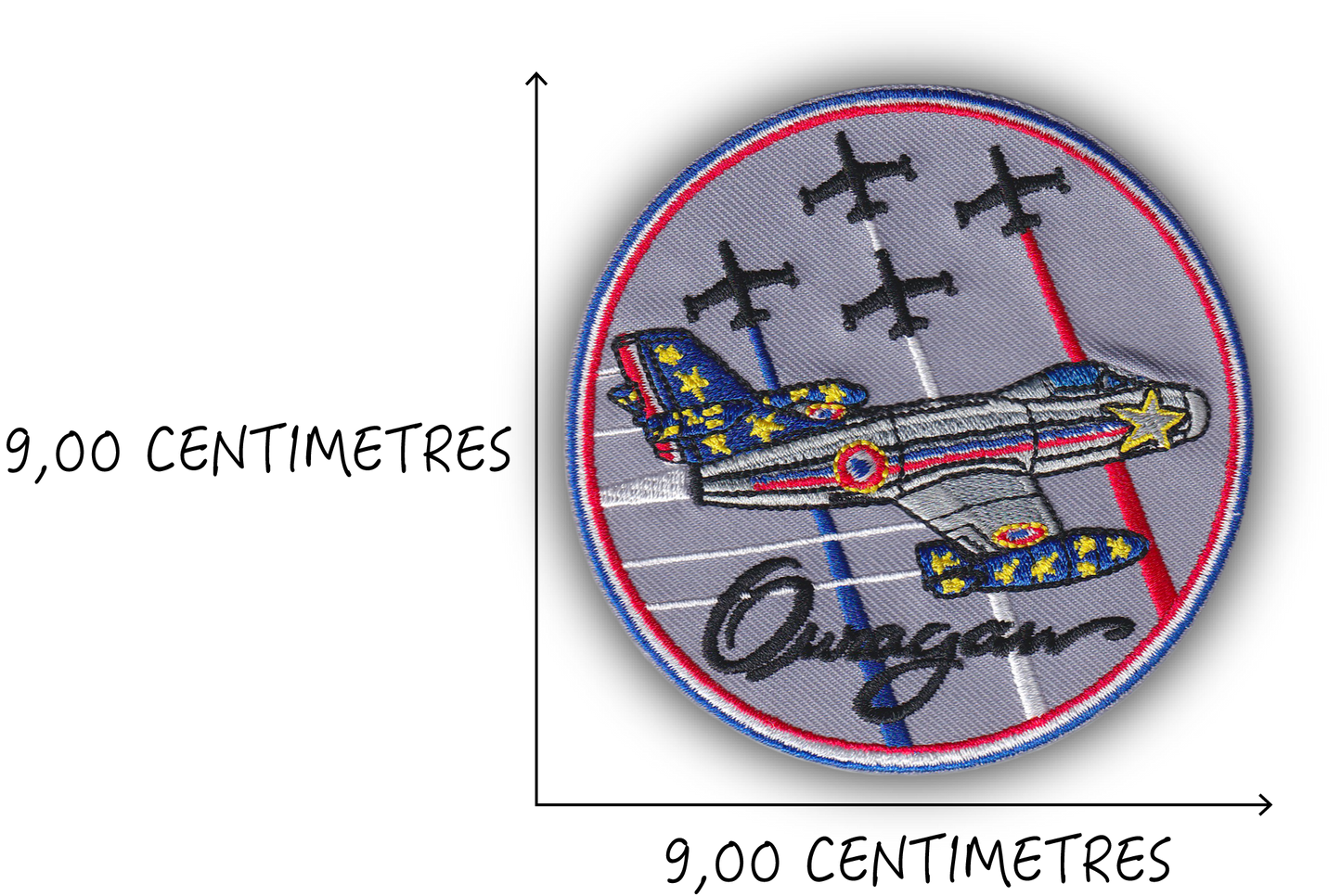 MAXIMUMPATCHES - Diamètre 9 cm - Ecusson Patch Brodé Avec Scratch Cousu Au Dos + Carré Scratch A Coudre, Face Opposé Offerte, Avion Aviation Dassault Mirage Rafale Armée de l'air Ouragan Patrouille De France