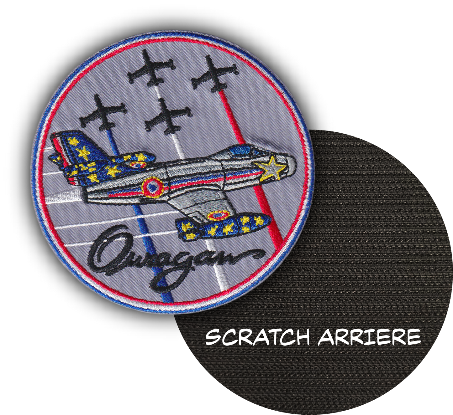 MAXIMUMPATCHES - Diamètre 9 cm - Ecusson Patch Brodé Avec Scratch Cousu Au Dos + Carré Scratch A Coudre, Face Opposé Offerte, Avion Aviation Dassault Mirage Rafale Armée de l'air Ouragan Patrouille De France