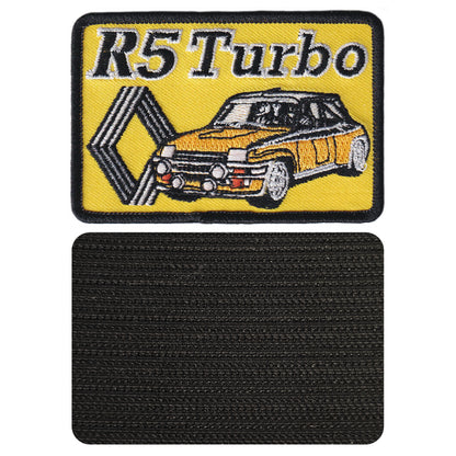 MAXIMUMPATCHES - 9 cm x 6 cm - Ecusson Patch Brodé Avec Scratch Cousu Au Dos + Carré Scratch A Coudre, Face Opposé 10 cm x 10 cm / R5 Turbo Automobile France Rallye