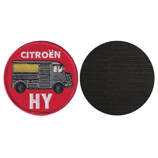 MAXIMUMPATCHES - Diamètre 8 cm - Ecusson Patch Brodé Avec Scratch Cousu Au Dos + Carré Scratch A Coudre, Face Opposé 10 cm x 10 cm/Fourgon Hy Automobile france 2cv Ds