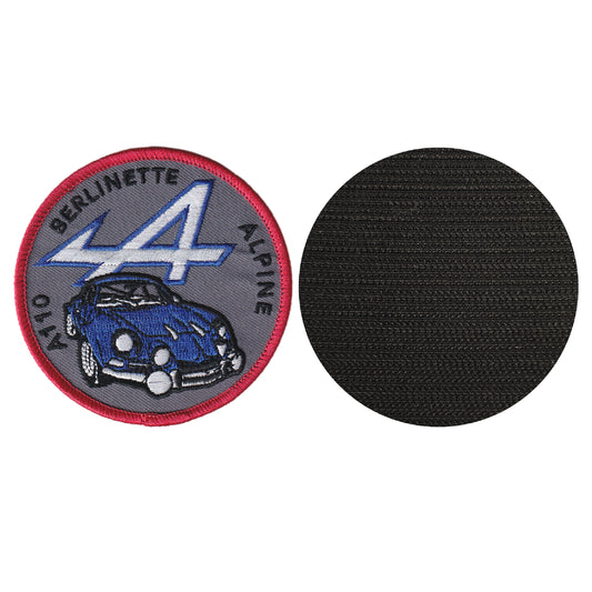 MAXIMUMPATCHES - Diamètre 8 cm - Ecusson Patch Brodé Avec Scratch Cousu Au Dos + Carré Scratch A Coudre, Face Opposé 10 cm x 10 cm/Berlinette Rallye Compétition Automobile France