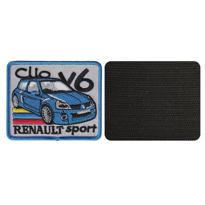 MAXIMUMPATCHES - 9 cm x 7,5 cm - Ecusson Patch Brodé Avec Scratch Cousu Au Dos + Carré Scratch A Coudre, Face Opposé 10 cm x 10 cm/Clio V6 Automobile France
