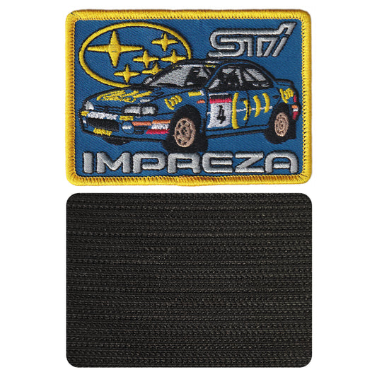 MAXIMUMPATCHES - 9 cm x 6,5 cm - Ecusson Patch Brodé Avec Scratch Cousu Au Dos + Carré Scratch A Coudre, Face Opposé 10 cm x 10 cm/Impreza Sti Rallye Automobile Japon
