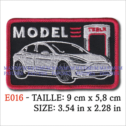 MAXIMUMPATCHES -9 cm x 5,8 cm - Voiture Automobile Electrique Modele 3 - Ecusson Patch Brodé Thermocollant Tesla