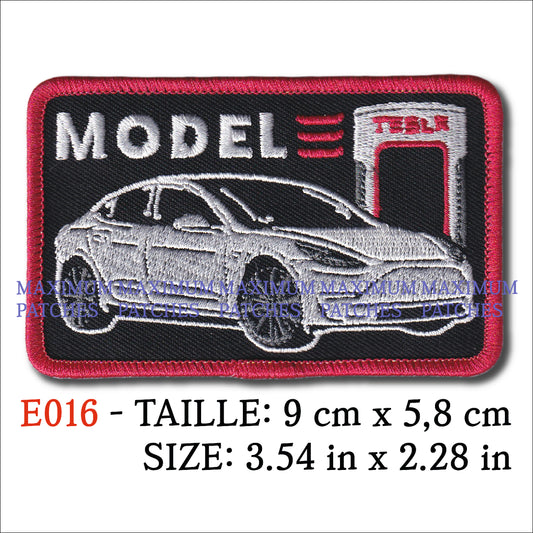 MAXIMUMPATCHES -9 cm x 5,8 cm - Voiture Automobile Electrique Modele 3 - Ecusson Patch Brodé Thermocollant Tesla