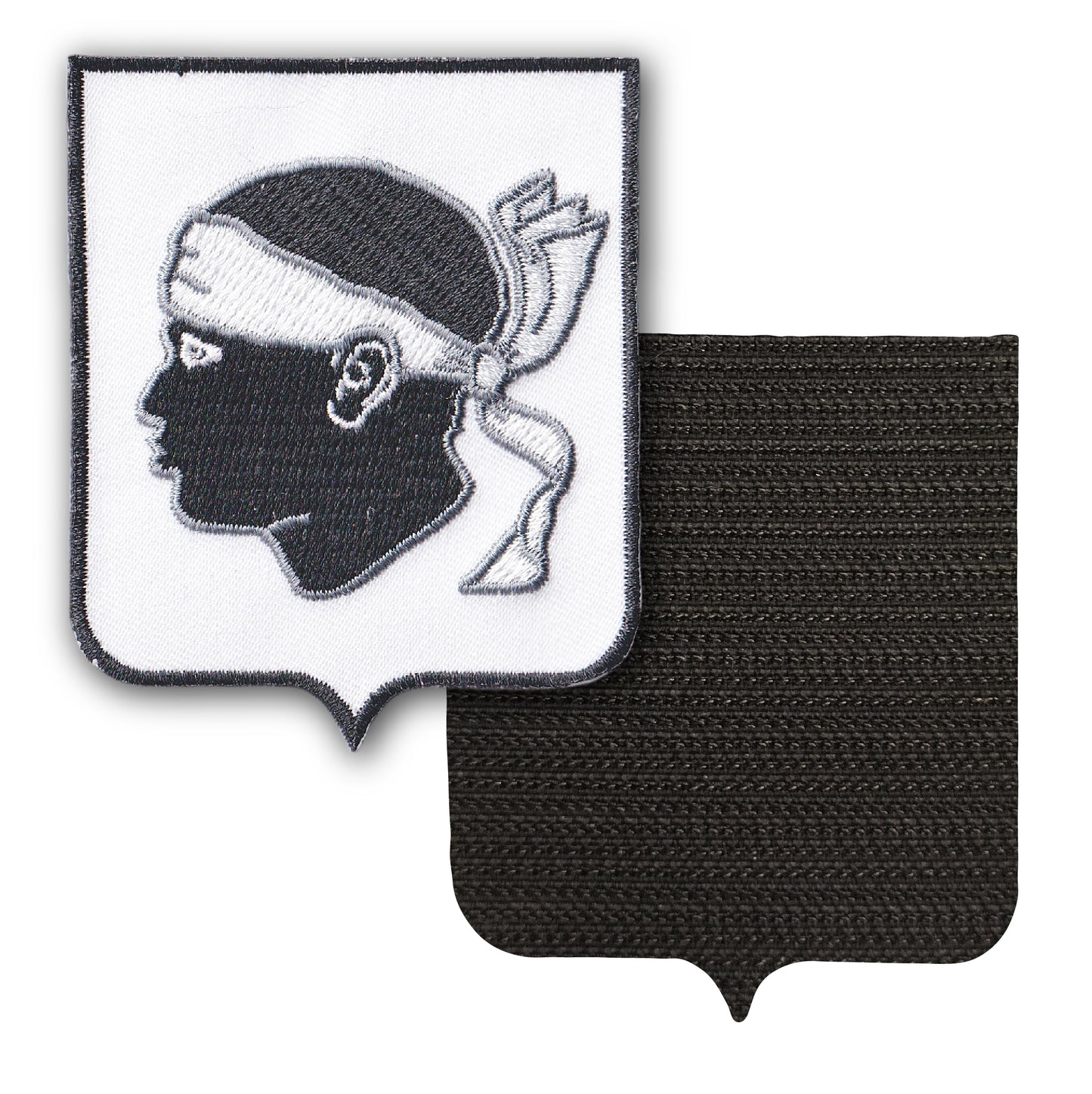MAXIMUMPATCHES - Corse Corsica Tête Maure - 8 cm x 6,5 cm - Ecusson Patch Brodé Avec Scratch Cousu Au Dos + Carré Scratch A Coudre, Face Opposé 10 cm x 10 cm Offert / Département Région Territoire France