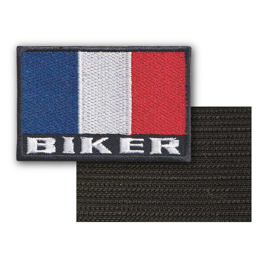 MAXIMUMPATCHES - Drapeau France Biker - 6,2 cm x 4,8 cm - Ecusson Patch Brodé Avec Scratch Cousu Au Dos + Carré Scratch A Coudre, Face Opposé 10 cm x 10 cm Offert / Département Région Territoire France