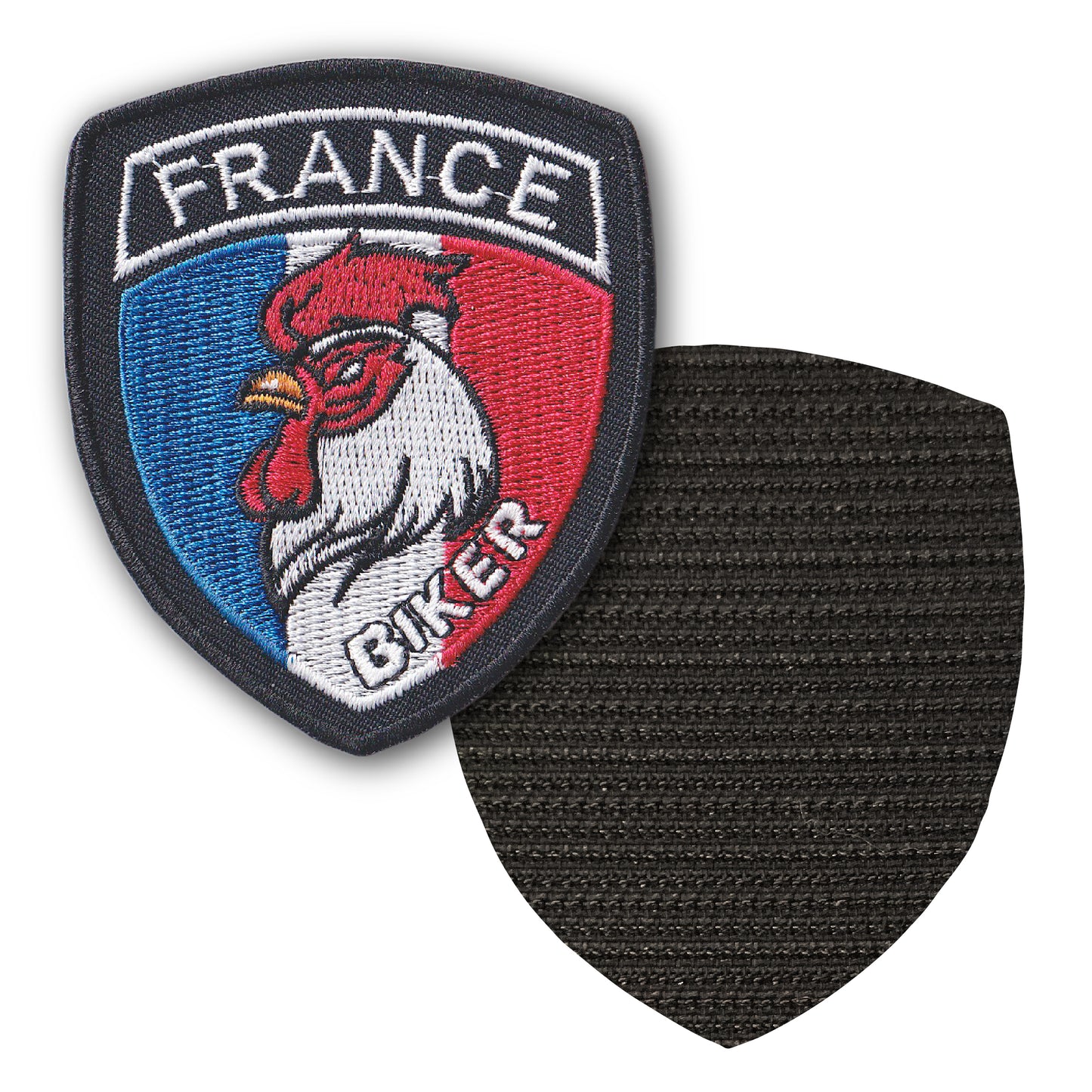 MAXIMUMPATCHES - Drapeau France Coq Biker - 6,5 cm x 8 cm - Ecusson Patch Brodé Avec Scratch Cousu Au Dos + Carré Scratch A Coudre, Face Opposé 10 cm x 10 cm Offert / Département Région Territoire France