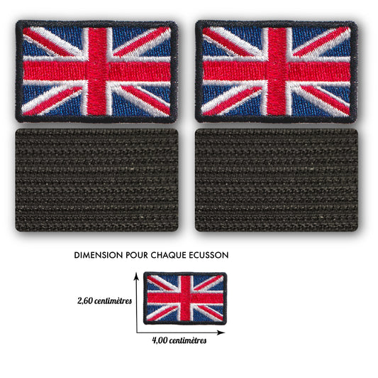 MAXIMUMPATCHES - 2 écussons, Dim: 4 cm x 2,6 cm chacun - 2 x Ecussons Patch Brodé Avec Scratch Cousu Au Dos + Carré Scratch A Coudre, Face Opposé Offerte/Drapeau Royaume-Uni Uk Biker Moto Militaire
