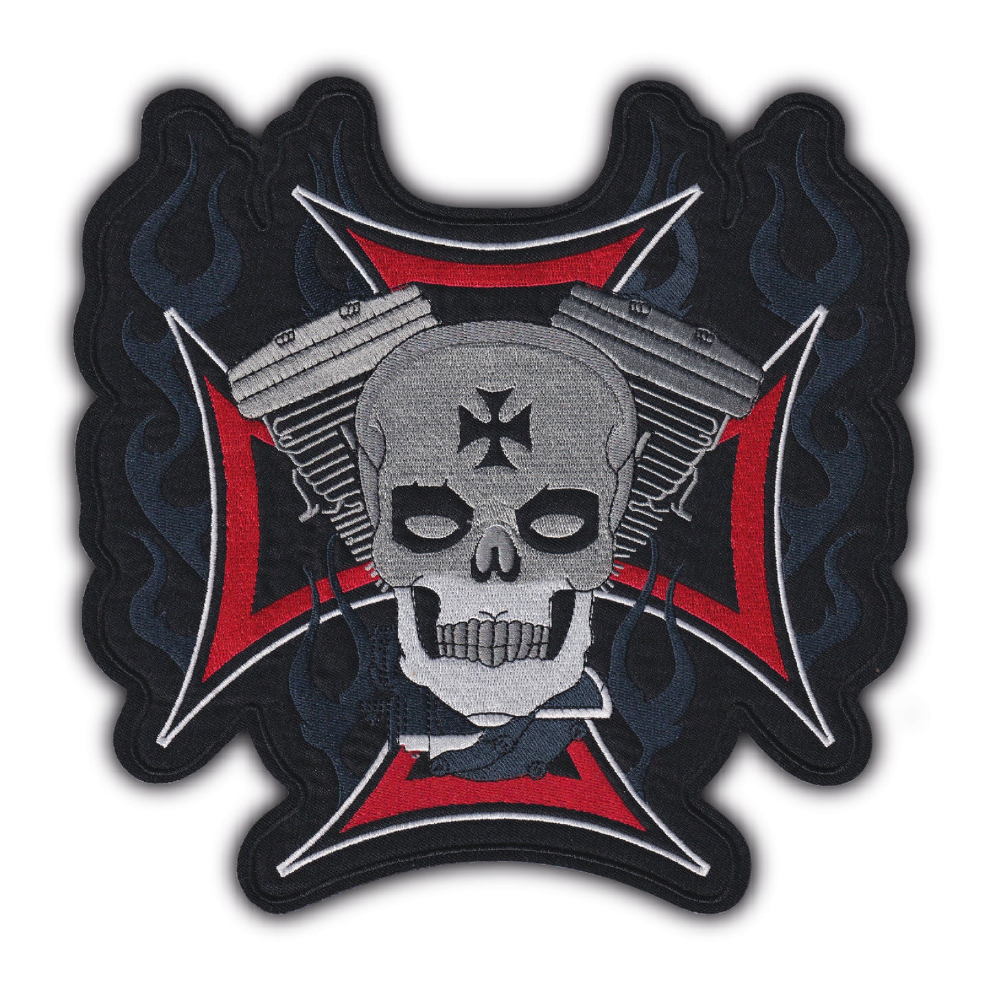 MAXIMUMPATCHES - Grand Ecusson De Dos Patch Brodé Thermocollant - Dim: 24 cm x 24,5 cm - Croix Skull V-Twin Crane Métal Gothique Rock n Roll Biker Moto Motard Muscle Car Usa