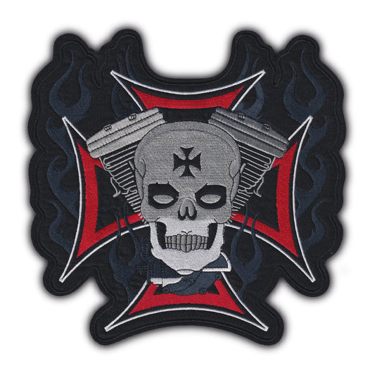 MAXIMUMPATCHES - Grand Ecusson De Dos Patch Brodé Thermocollant - Dim: 24 cm x 24,5 cm - Croix Skull V-Twin Crane Métal Gothique Rock n Roll Biker Moto Motard Muscle Car Usa