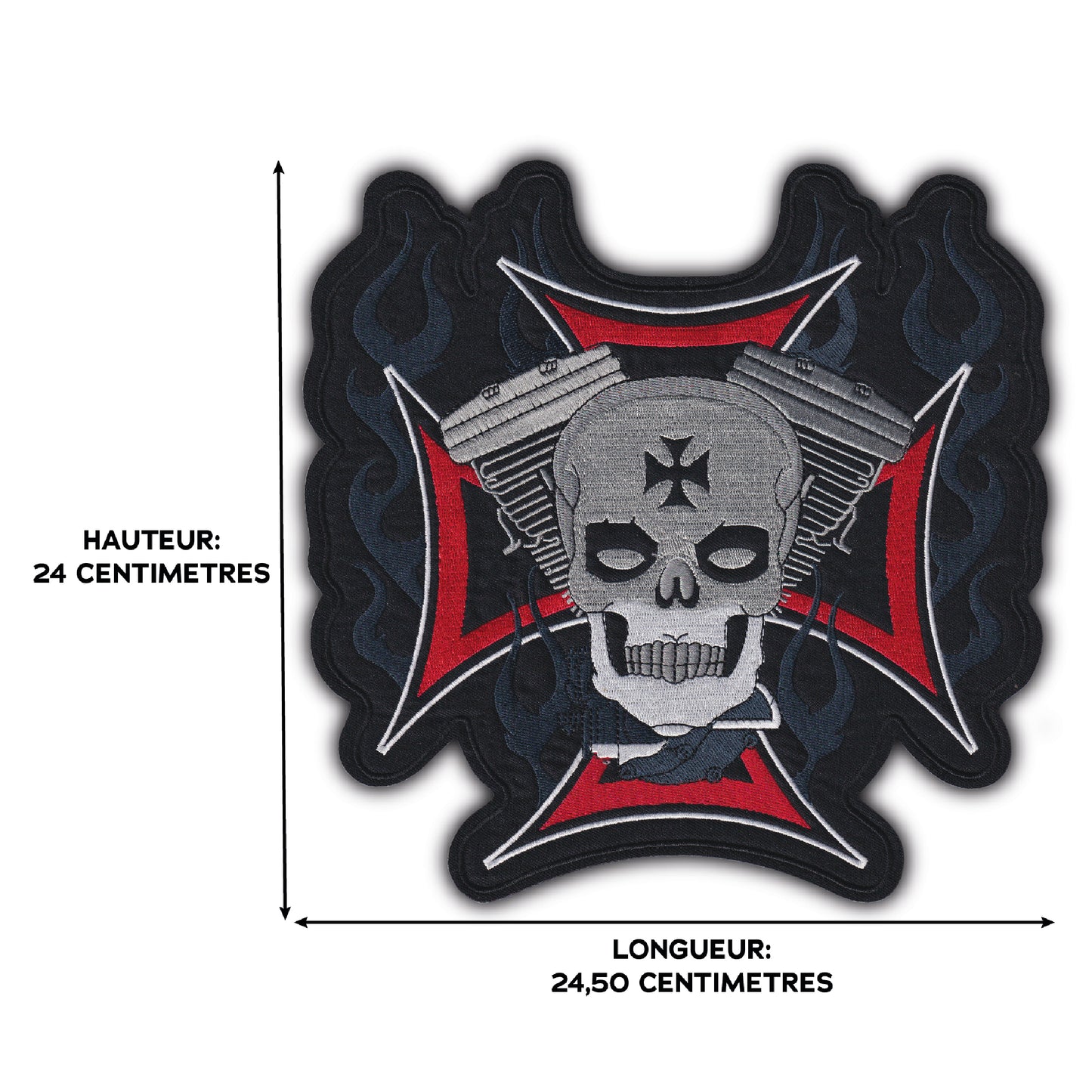 MAXIMUMPATCHES - Grand Ecusson De Dos Patch Brodé Thermocollant - Dim: 24 cm x 24,5 cm - Croix Skull V-Twin Crane Métal Gothique Rock n Roll Biker Moto Motard Muscle Car Usa
