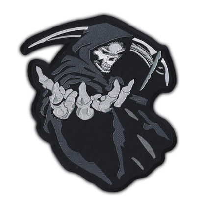 MAXIMUMPATCHES - Grand Ecusson De Dos Patch Brodé Thermocollant - Dim: 34,50 cm x 29 cm - Faucheuse Ripper Crane Skull Moto Motard Biker Kustom Trike Métal Gothique