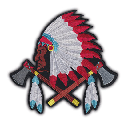 MAXIMUMPATCHES - Grand Ecusson De Dos Patch Brodé Thermocollant - Dim: 25,50 cm x 24,50 cm - Chef Indien Country Indianiste Biker Motard Trike Usa Native Américan Hache
