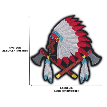 MAXIMUMPATCHES - Grand Ecusson De Dos Patch Brodé Thermocollant - Dim: 25,50 cm x 24,50 cm - Chef Indien Country Indianiste Biker Motard Trike Usa Native Américan Hache