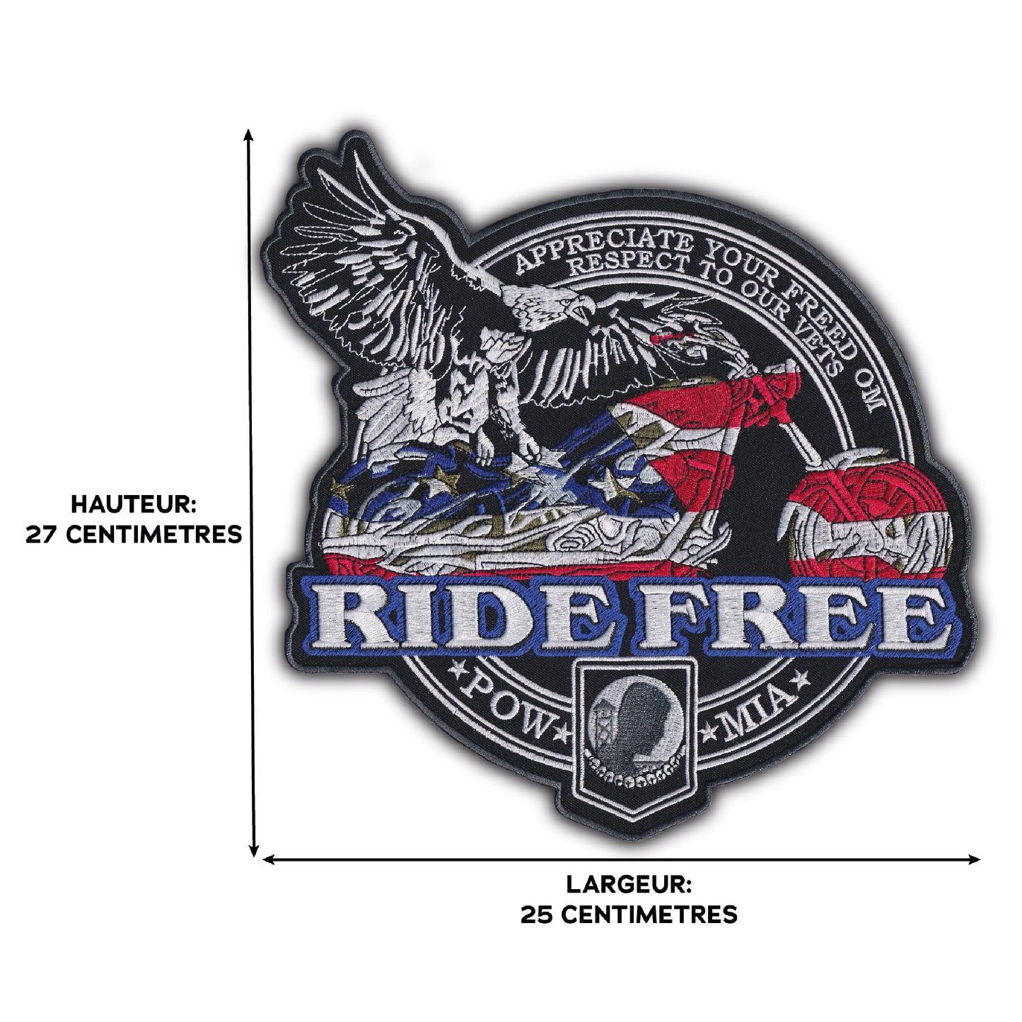 MAXIMUMPATCHES - Grand Ecusson De Dos Patch Brodé Thermocollant - Dim: 27 cm x 25 cm - Ride Free Moto Motard Biker Country Bobber Rock n Roll Rockabilly Crane