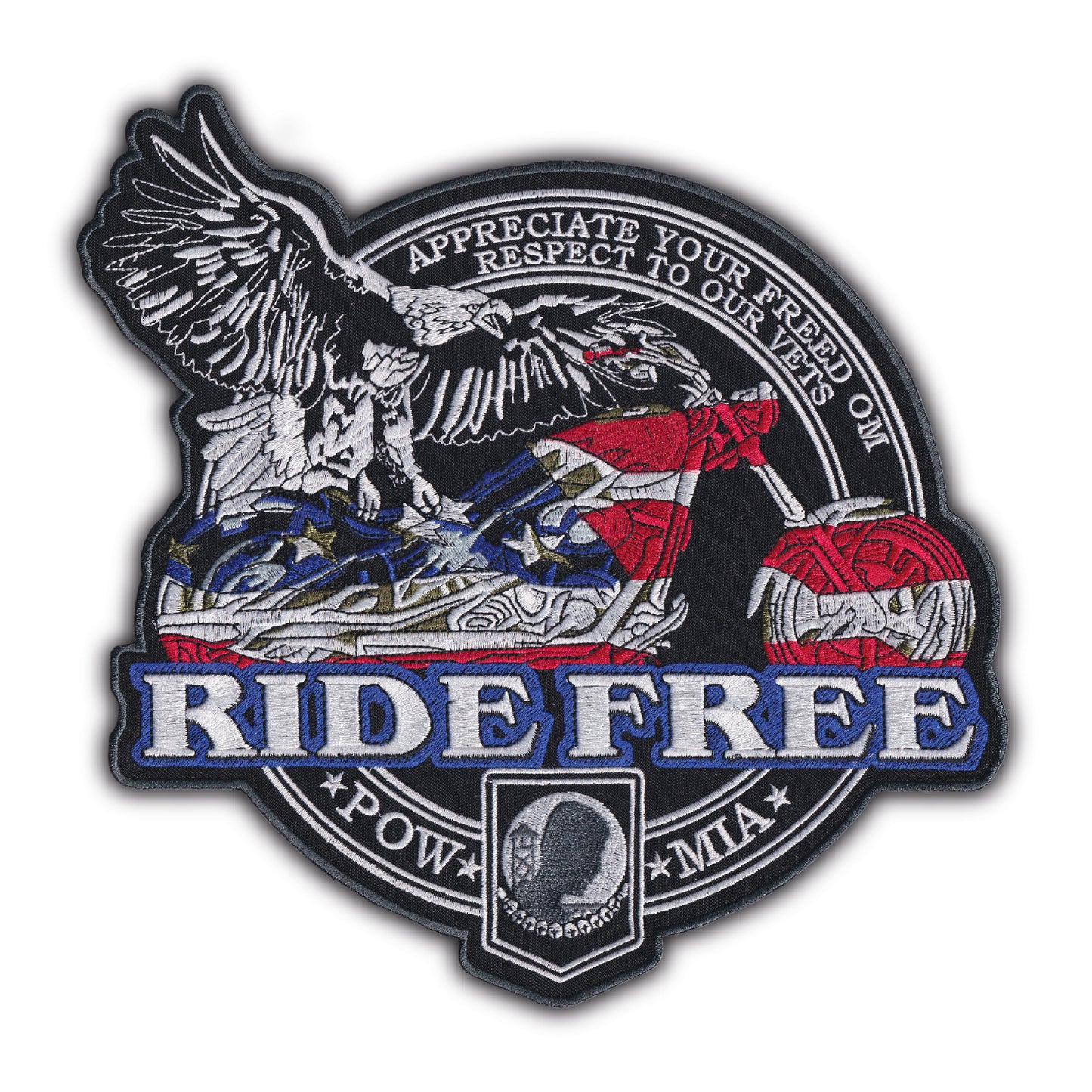 MAXIMUMPATCHES - Grand Ecusson De Dos Patch Brodé Thermocollant - Dim: 27 cm x 25 cm - Ride Free Moto Motard Biker Country Bobber Rock n Roll Rockabilly Crane