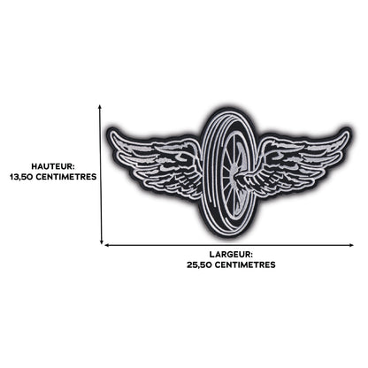 MAXIMUMPATCHES - Grand Ecusson De Dos Patch Brodé Thermocollant - Dim: 13,50 cm x 25,50 cm - Roue Ailes Skull Moto Motard Biker Country Bobber Rock n Roll Rockabilly