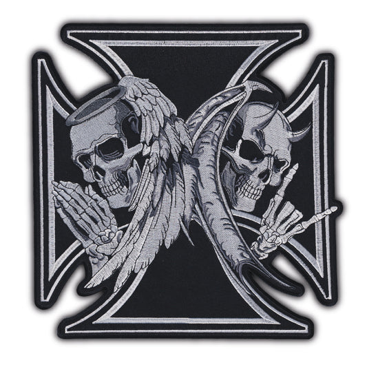 MAXIMUMPATCHES - Grand Ecusson De Dos Patch Brodé Thermocollant - Dim: 29 cm x 29 cm - Croix Ange Diable Skull Moto Motard Biker Country Bobber Rock n Roll Rockabilly Crane