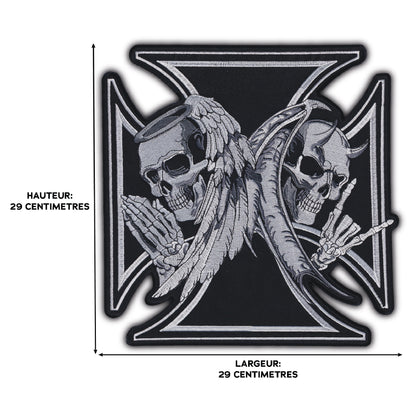 MAXIMUMPATCHES - Grand Ecusson De Dos Patch Brodé Thermocollant - Dim: 29 cm x 29 cm - Croix Ange Diable Skull Moto Motard Biker Country Bobber Rock n Roll Rockabilly Crane