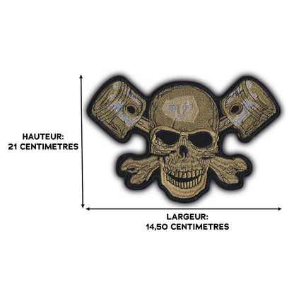 MAXIMUMPATCHES - Grand Ecusson De Dos Patch Brodé Thermocollant - Dim: 21 cm x 14,50 cm - Skull Moto Motard Biker Country Bobber Rock n Roll Rockabilly Crane Café Racer Pistons
