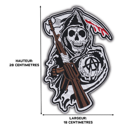 MAXIMUMPATCHES - Grand Ecusson De Dos Patch Brodé Thermocollant - Dim: 28 cm x 18 cm - Soa Série Télévision Skull Moto Motard Biker Country Bobber Rock n Roll Rockabilly Crane Café Racer