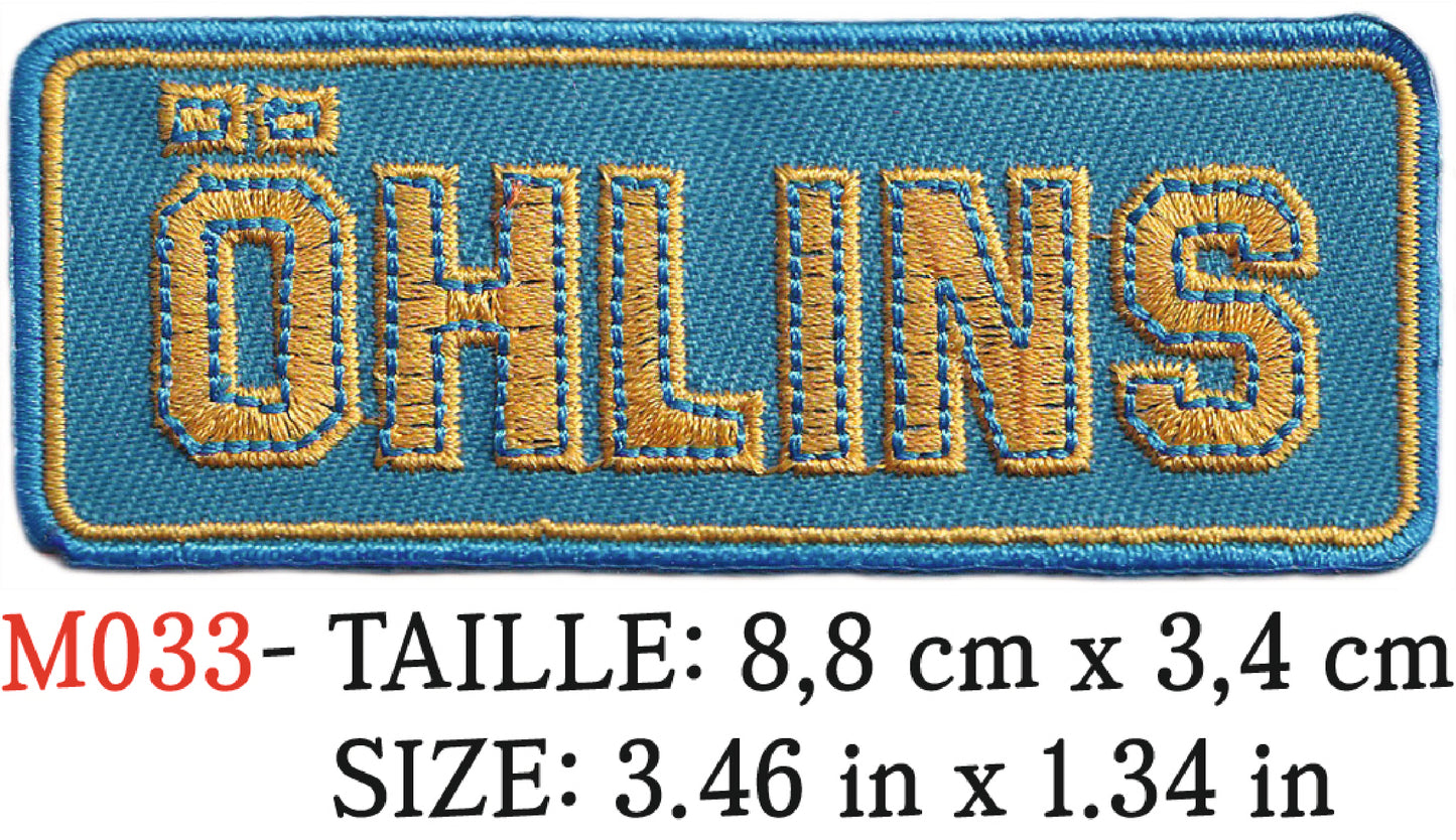 MAXIMUMPATCHES - Écusson Patch Brodé Thermocollant - 8,8 cm x 3,4 cm - Ohlins Suspension amortisseur