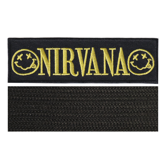 MAXIMUMPATCHES - Nirvana - 11,8 cm x 3,5 cm - Ecusson Patch Brodé Avec Scratch Cousu Au Dos + Carré Scratch A Coudre, Face Opposé 10 cm x 10 cm/Groupe Musique Métal Rock Punk Heavy Trash Blues