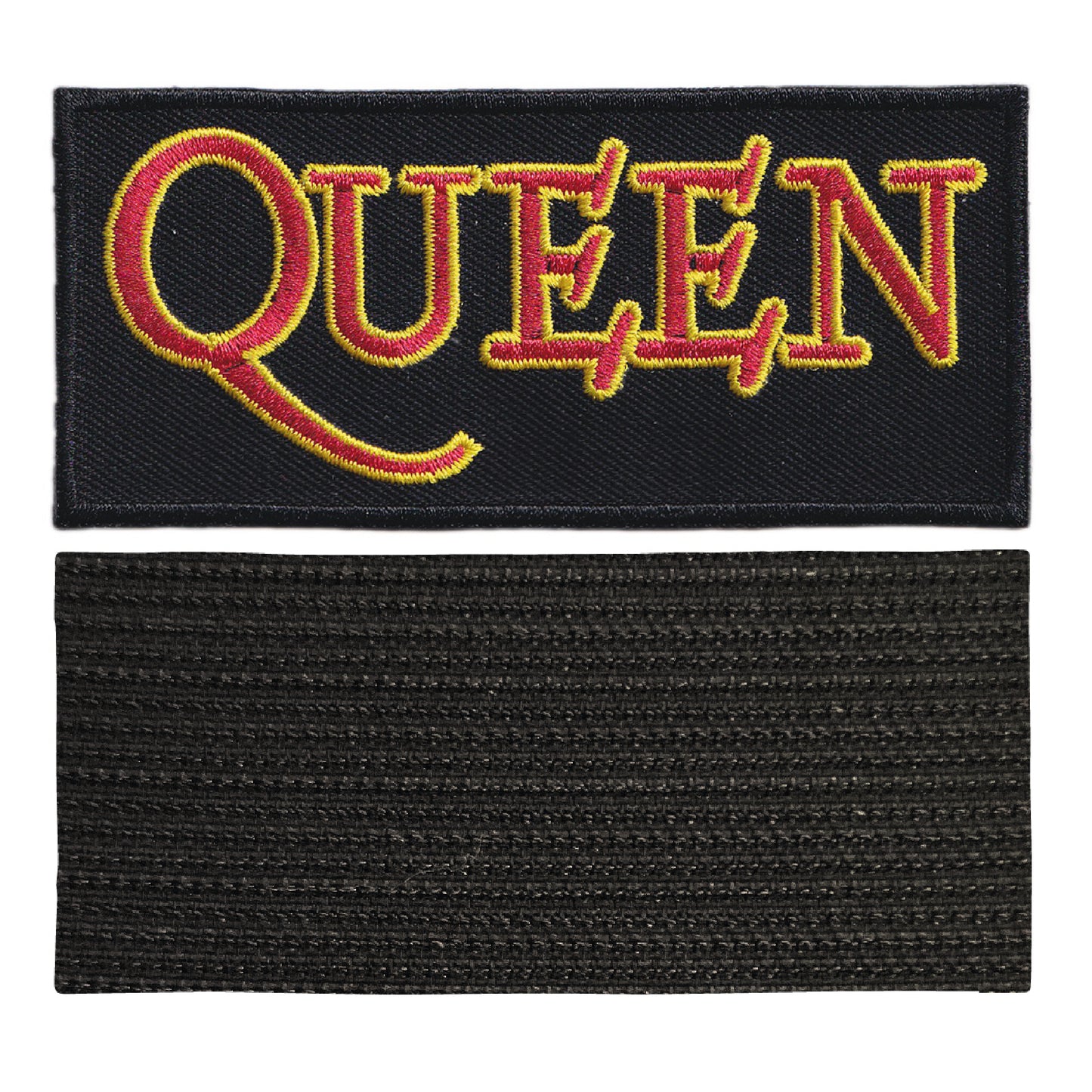 MAXIMUMPATCHES - Queen - 9,8 cm x 4,5 cm - Ecusson Patch Brodé Avec Scratch Cousu Au Dos + Carré Scratch A Coudre, Face Opposé 10 cm x 10 cm/Groupe Musique Métal Rock Punk Heavy Trash Blues