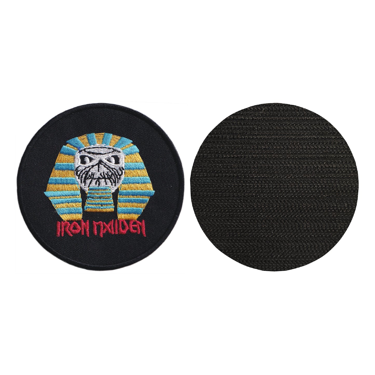 MAXIMUMPATCHES - Iron Maiden - Diamètre 8 cm - Ecusson Patch Brodé Avec Scratch Cousu Au Dos + Carré Scratch A Coudre, Face Opposé 10 cm x 10 cm/Groupe Musique Métal Rock Punk Heavy Trash Blues
