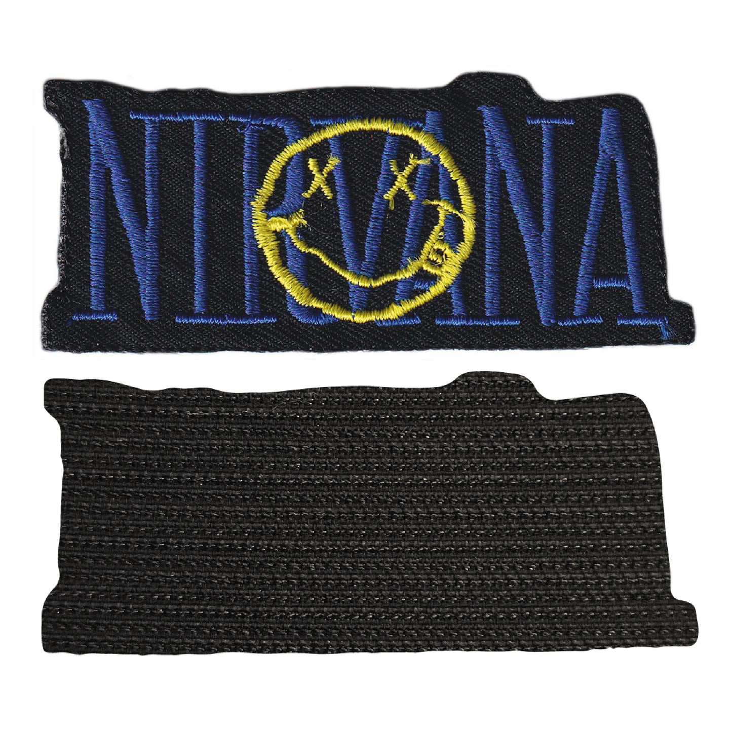 MAXIMUMPATCHES- Nirvana - 9,5 cm x 4 cm - Ecusson Patch Brodé avec Scratch Cousu Au Dos + Carré Scratch A Coudre, Face Opposé 10 cm x 10 cm/Groupe Musique Métal Rock Punk Heavy Trash Blues