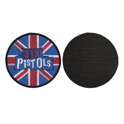 MAXIMUMPATCHES - Sex Pistols - Diamètre 7,5 cm - Ecusson Patch Brodé Avec Scratch Cousu Au Dos + Carré Scratch A Coudre, Face Opposé 10 cm x 10 cm/Groupe Musique Métal Rock Punk Heavy Trash Blues