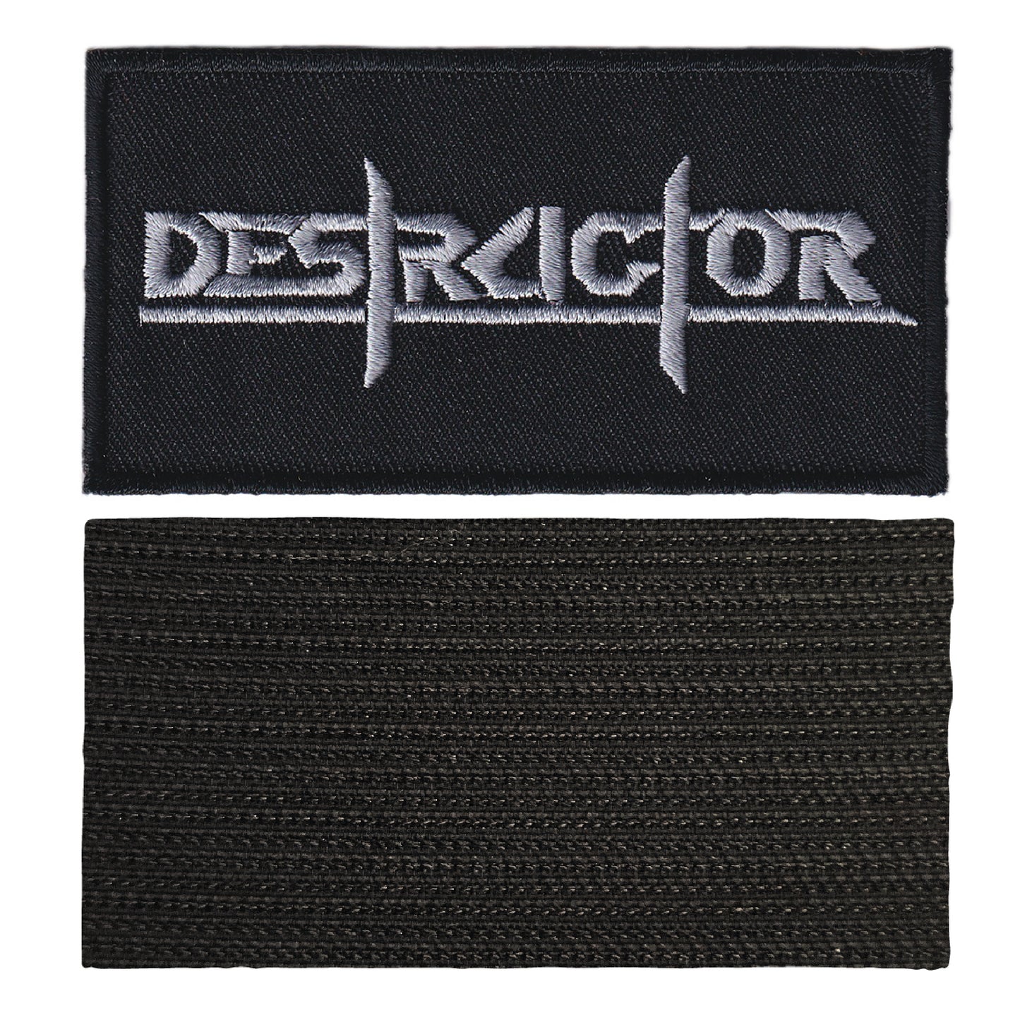 MAXIMUMPATCHES - Destructor - 9,3 cm x 4,8 cm - Ecusson Patch Brodé Avec Scratch Cousu Au Dos + Carré Scratch A Coudre, Face Opposé 10 cm x 10 cm/Groupe Musique Métal Rock Punk Heavy Trash Blues