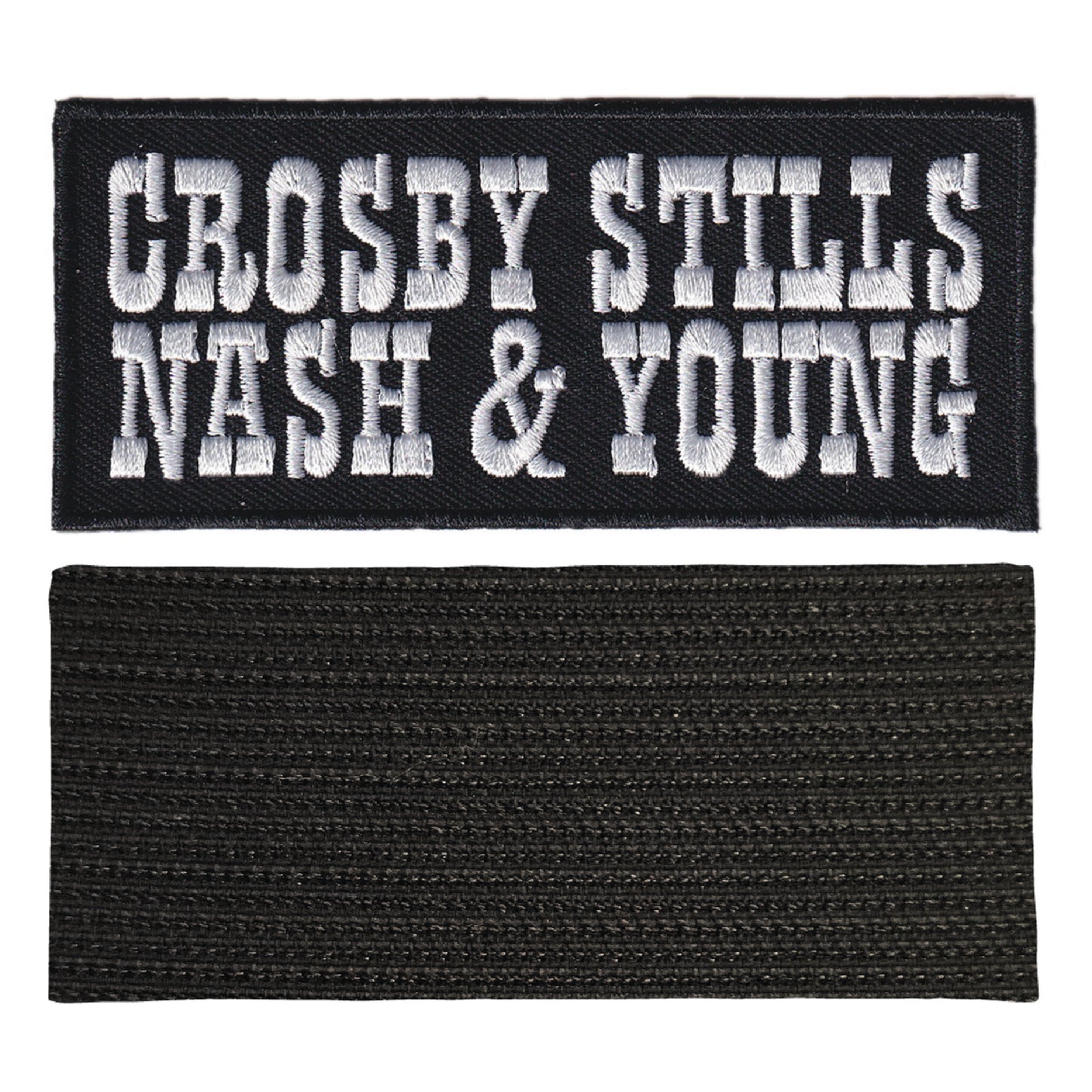 MAXIMUMPATCHES - Crosby Stills Nash Young - 10 cm x 4,4 cm - Ecusson Patch Brodé Avec Scratch Cousu Au Dos + Carré Scratch A Coudre, Face Opposé 10 cm x 10 cm/Groupe Musique Métal Rock Punk Heavy Trash Blues