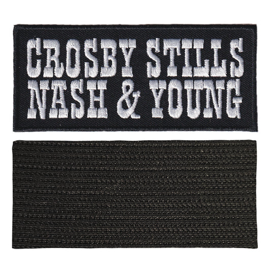 MAXIMUMPATCHES - Crosby Stills Nash Young - 10 cm x 4,4 cm - Ecusson Patch Brodé Avec Scratch Cousu Au Dos + Carré Scratch A Coudre, Face Opposé 10 cm x 10 cm/Groupe Musique Métal Rock Punk Heavy Trash Blues