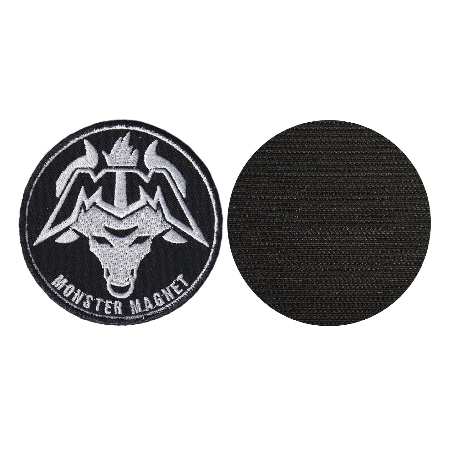 MAXIMUMPATCHES - Monster Magnet - Diamètre 7,8 cm - Ecusson Patch Brodé Avec Scratch Cousu Au Dos + Carré Scratch A Coudre, Face Opposé 10 cm x 10 cm/Groupe Musique Métal Rock Punk Heavy Trash Blues