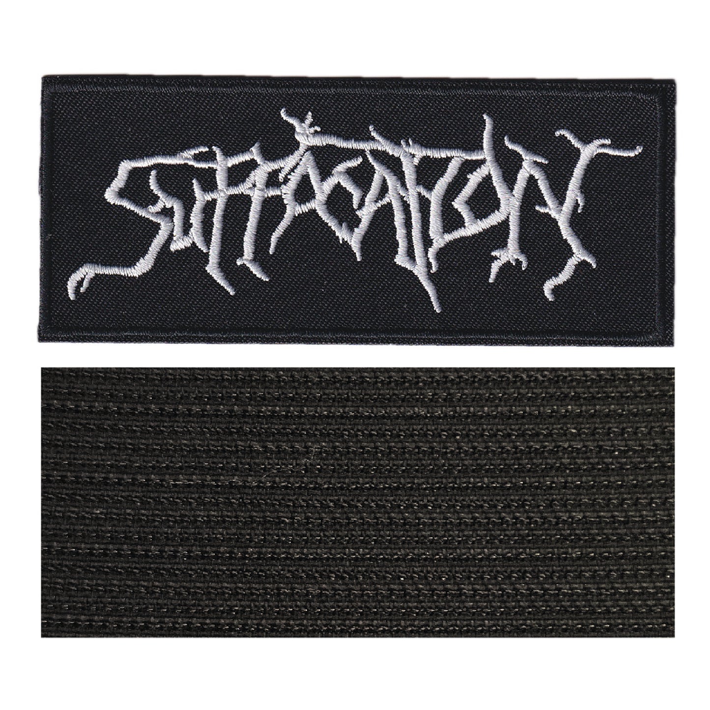 MAXIMUMPATCHES - Suffocation - 11 cm x 4,6 cm - Ecusson Patch Brodé Avec Scratch Cousu Au Dos + Carré Scratch A Coudre, Face Opposé 10 cm x 10 cm/Groupe Musique Métal Rock Punk Heavy Trash Blues