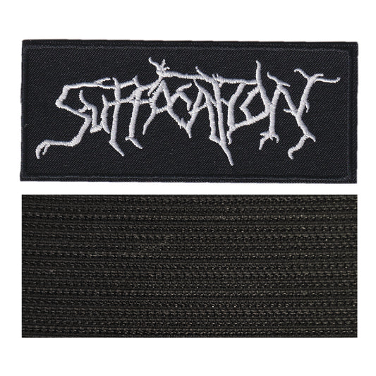 MAXIMUMPATCHES - Suffocation - 11 cm x 4,6 cm - Ecusson Patch Brodé Avec Scratch Cousu Au Dos + Carré Scratch A Coudre, Face Opposé 10 cm x 10 cm/Groupe Musique Métal Rock Punk Heavy Trash Blues