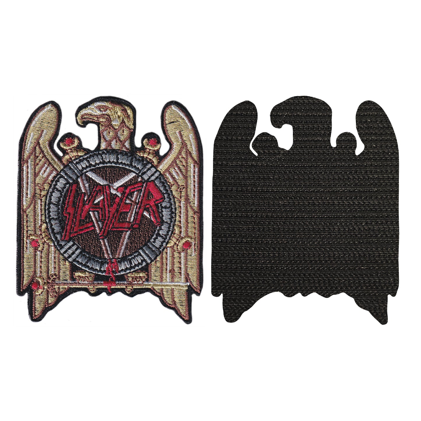 MAXIMUMPATCHES - Slayer - 7,3 cm x 8,8 cm - Ecusson Patch Brodé Avec Scratch Cousu Au Dos + Carré Scratch A Coudre, Face Opposé 10 cm x 10 cm/Groupe Musique Métal Rock Punk Heavy Trash Blues
