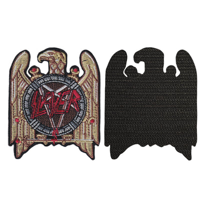 MAXIMUMPATCHES - Slayer - 7,3 cm x 8,8 cm - Ecusson Patch Brodé Avec Scratch Cousu Au Dos + Carré Scratch A Coudre, Face Opposé 10 cm x 10 cm/Groupe Musique Métal Rock Punk Heavy Trash Blues