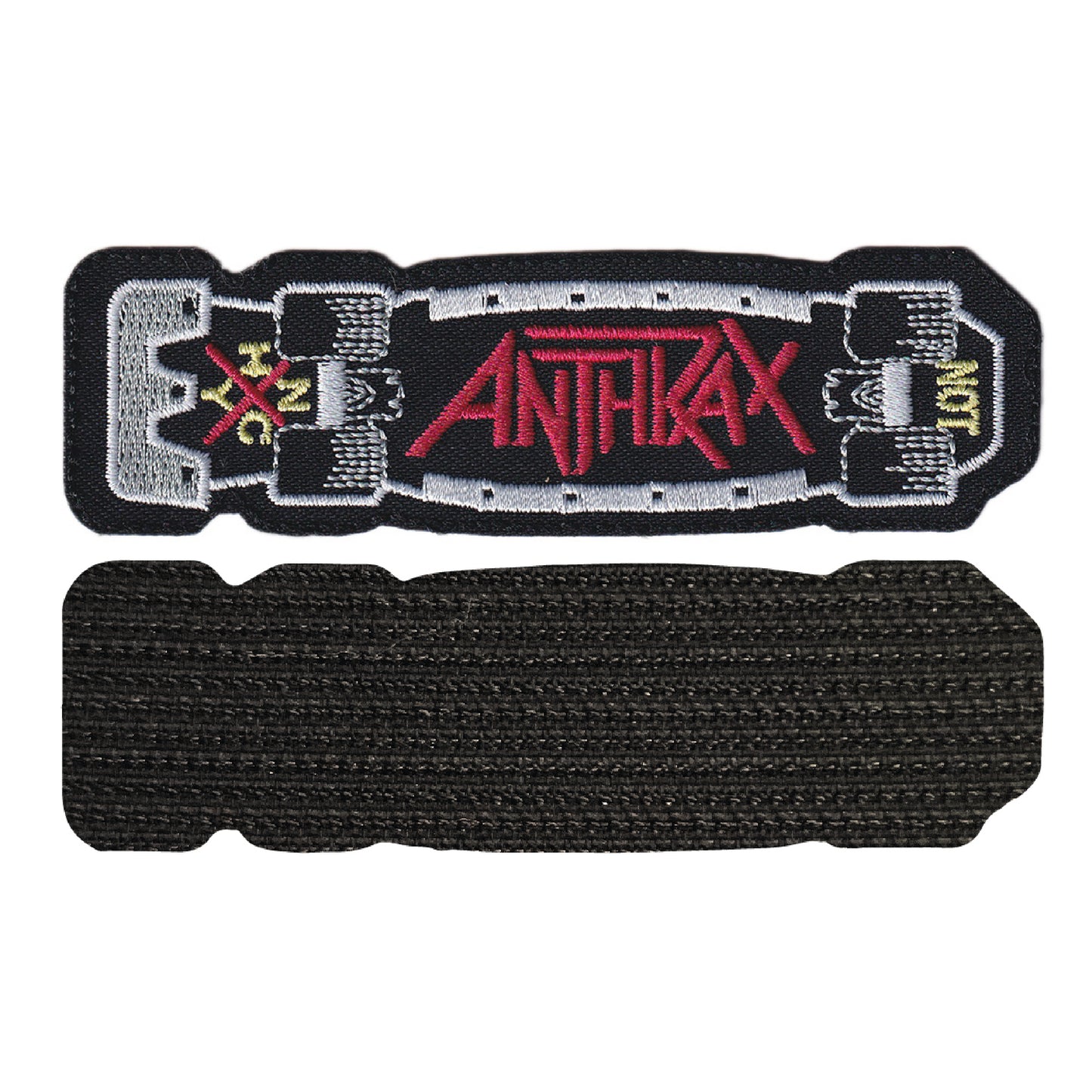 MAXIMUMPATCHES - Anthrax - 11 cm x 3,2 cm - Ecusson Patch Brodé Avec Scratch Cousu Au Dos + Carré Scratch A Coudre, Face Opposé 10 cm x 10 cm/Groupe Musique Métal Rock Punk Heavy Trash Blues