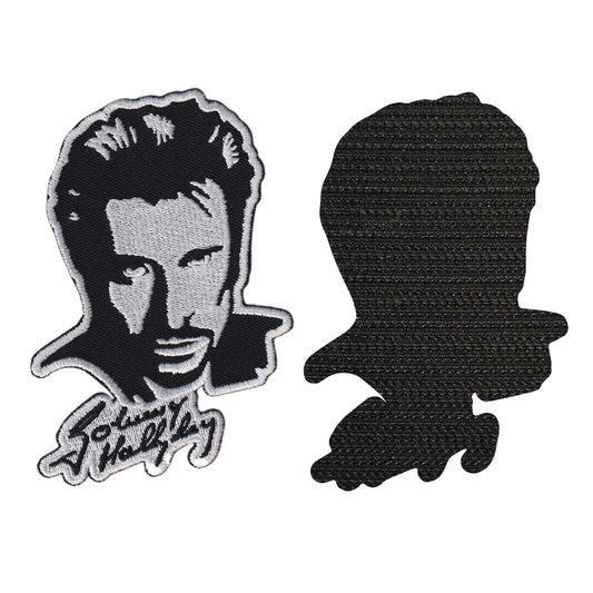 MAXIMUMPATCHES - Johnny Hallyday - 7 cm x 10 cm - Ecusson Patch Brodé Avec Scratch Cousu Au Dos + Carré Scratch A Coudre, Face Opposé 10 cm x 10 cm/Groupe Musique Métal Rock Punk Heavy Trash Blues