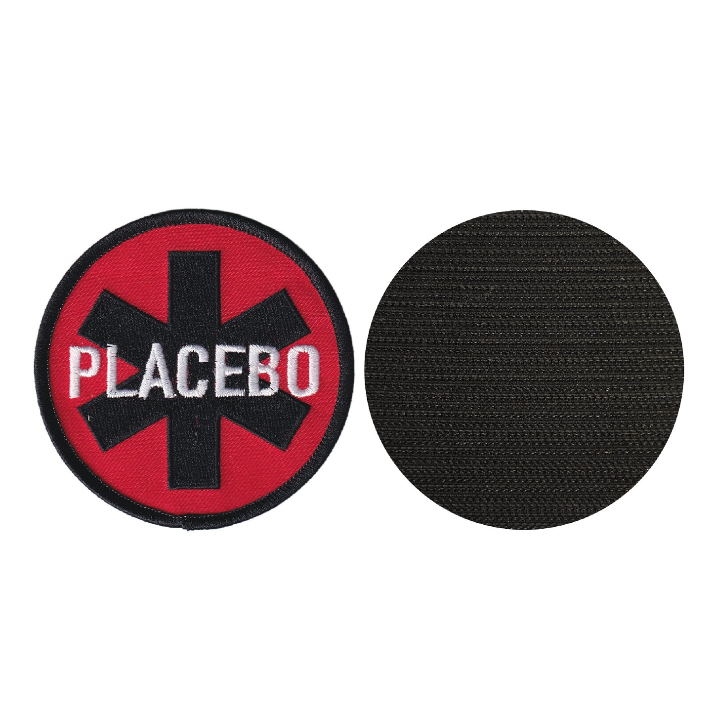 MAXIMUMPATCHES - Placebo - Diamètre 8 cm - Ecusson Patch Brodé Avec Scratch Cousu Au Dos + Carré Scratch A Coudre, Face Opposé 10 cm x 10 cm/Groupe Musique Métal Rock Punk Heavy Trash Blues
